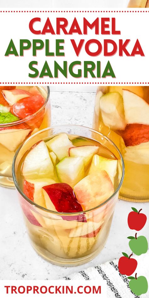 Caramel Apple Cider Sangria is a sweet and fruity white wine sangria. It's a perfect fall sangria to serve for Thanksgiving or for any fall party cocktail. Your guest will love this fall sangria! Cheers to Caramel Apple Cider Fall Sangria! Caramel Vodka Sangria, White Wine Apple Cider Sangria, Easy Fall Sangria Recipes For A Crowd, Sangria Recipes Easy For A Crowd, Carmel Apple Sangria Recipes, Apple Cider Sangria With Caramel Vodka, Easy Fall Cocktails Vodka, Caramel Apple Cider Sangria, Christmas Sangria Recipes For A Crowd