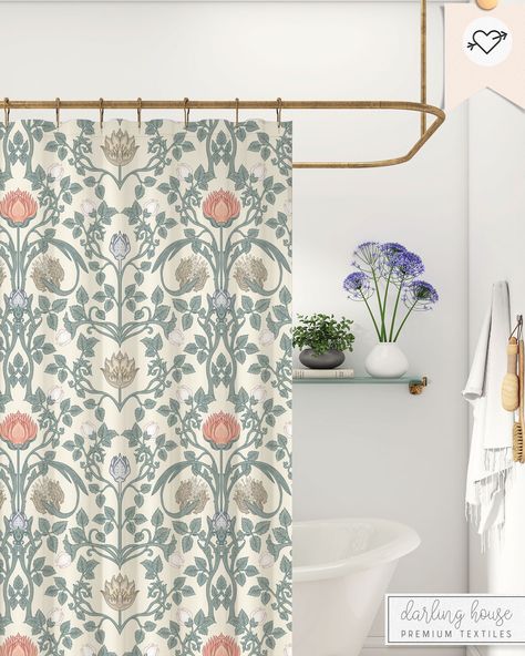 Cottagecore Bathroom, Fleurs Art Nouveau, Vintage Sage Green, Botanical Bathroom, Vintage Shower Curtain, Green Shower Curtains, Purple Bathrooms, Curtain Shop, Art Nouveau Floral