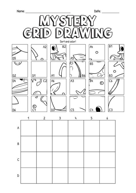 Mystery Grid Drawing, Grid Drawing Worksheet, Trin For Trin Tegning, Drawing Worksheet, Drawing Worksheets, Art Sub Lessons, Grid Drawing, Art Sub Plans, Art Worksheets