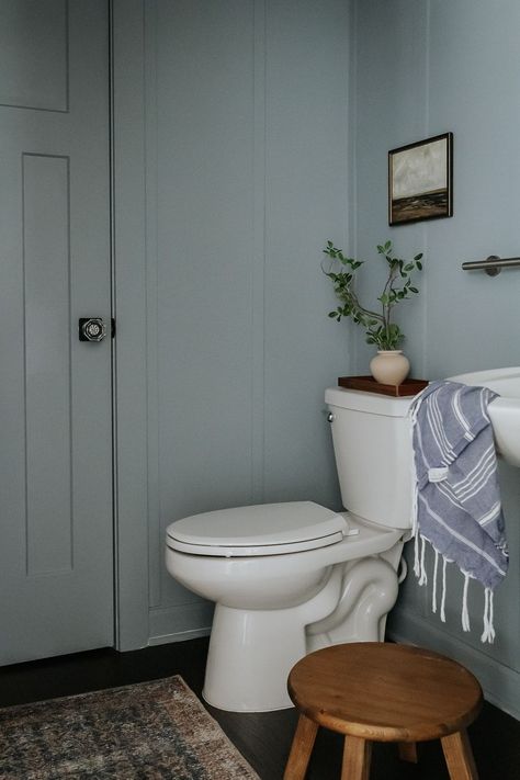 Full Wall Board And Batten, Board And Batten Half Wall, Ceiling Board And Batten, Board And Batten Bathroom, Batten Bathroom, Dusty Blue Paint, Blue Small Bathrooms, Blue Beadboard, Blue Powder Room