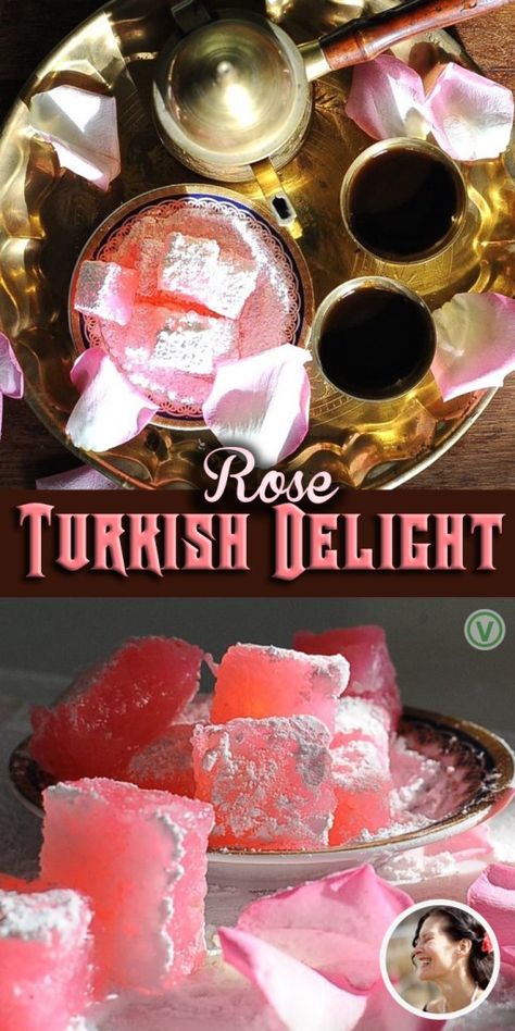 Rose Turkish Delight Recipe, Rose Turkish Delight, Turkish Delight Recipe, Brass Trays, Traditional Rose, Traditional Roses, Healthy Vegan Snacks, Pink Foods, Turkish Delight