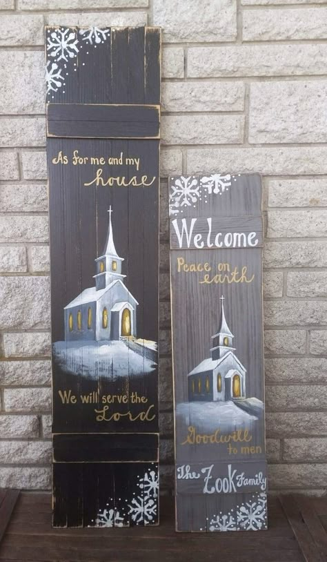 Porch Signs Christmas Diy, Painted Shutters Decor, Christmas Welcome Boards For Porch, Porch Leaner Christmas, Christian Porch Signs, Winter Porch Leaners, Christmas Porch Signs Wood, Shutter Crafts Ideas, Door Leaner Signs