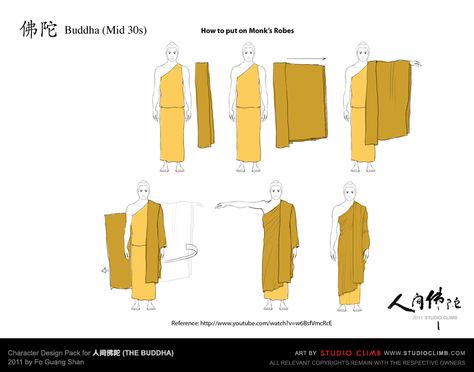 Character Design Pack for 人间佛陀 (The Buddha) --- How to put on Monk's Robes Buddha Character Design, Buddha Costume, Buddhist Robes, Monk Clothing, Monk Robes, Buddhist Monk Robes, Buddhist Clothing, Samurai Clothing, Traditional Thai Clothing