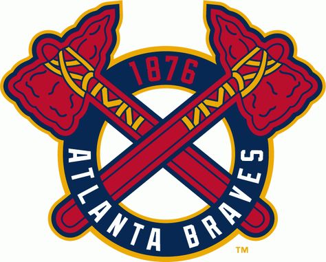 Atlanta Braves Alt Logo - Crossed tomahawks on a blue circle with Atlanta Braves 1876 inside.  Worn on the sleeves of home alternate / throwback uniform.  (SportsLogos.Net) Atlanta Braves Wallpaper, Brave Wallpaper, Atlanta Braves Logo, Braves Logo, Mlb Team Logos, Atlanta Braves Baseball, Mlb Logos, Braves Baseball, Mlb Teams