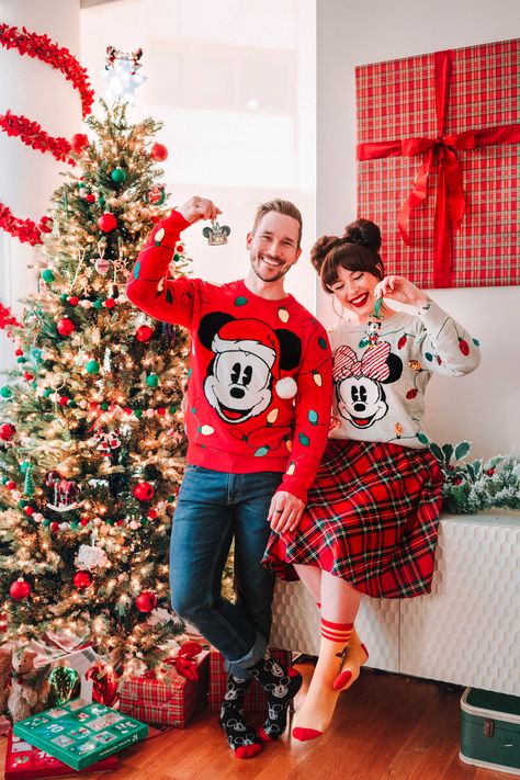 Disneyland Couples Outfits, Disney World Christmas Outfit, Christmas Disney Outfits, Disneyland Christmas Outfit, Disney Christmas Outfits, Couple Disney, Christmas Sweater Outfits, Keiko Lynn, Disneyland Christmas