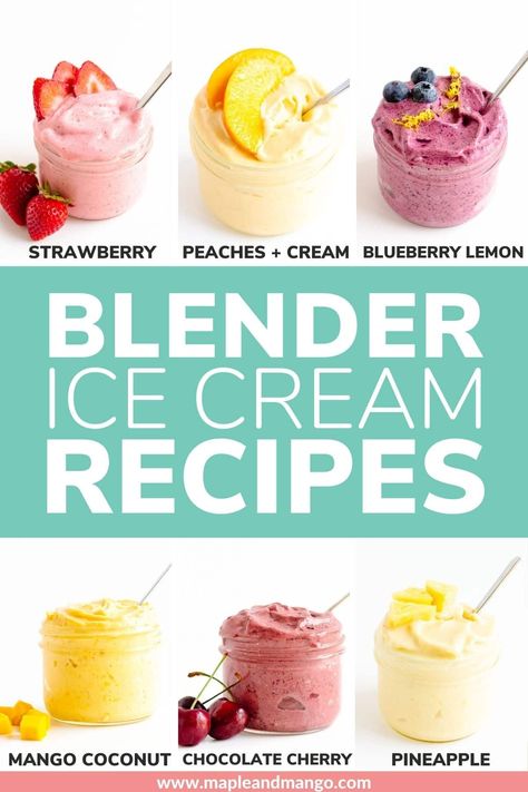 Learn how easy it is to make blender ice cream! With three simple ingredients and a high-speed blender like a Vitamix, you can whip up some delicious homemade ice cream in under a minute! No ice cream maker needed and made from all natural ingredients. Includes a simple base recipe and 6 amazing flavors to try! | www.mapleandmango.com Blender Ice Cream Recipes, Vitamix Ice Cream Recipes, Vitamix Healthy Recipes, Vitamix Juice, Vitamix Ice Cream, Blender Recipe, Blender Ice Cream, Making Ice Cream, Vitamix Blender