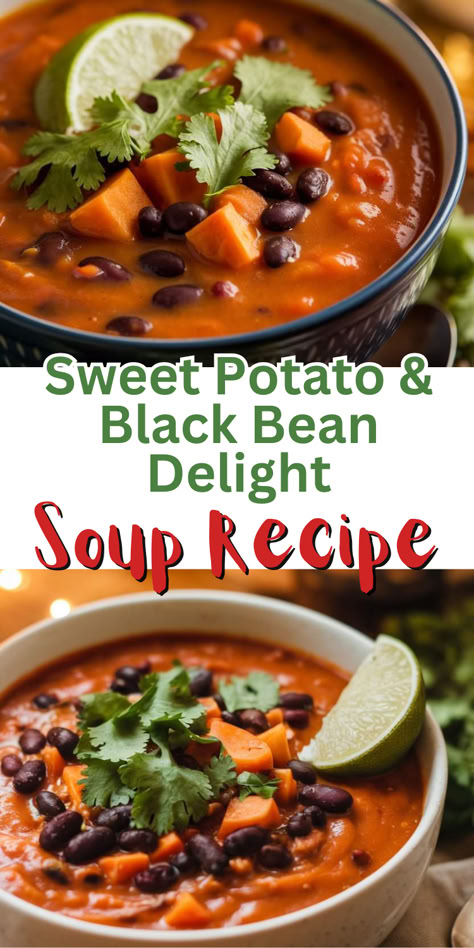 Looking for an easy fall soup? This vegan sweet potato and black bean soup is healthy, hearty, and full of flavor. Perfect for chilly autumn nights. Sweet Potato And Black Bean Soup, Black Bean And Sweet Potato Soup, Black Bean Sweet Potato Soup, Soup Recipes Sweet Potato, Vegan Fall Soup, Vegan Black Bean Soup, Fall Soups And Stews, Crock Pot Sweet Potatoes, Sweet Potato Soup Vegan