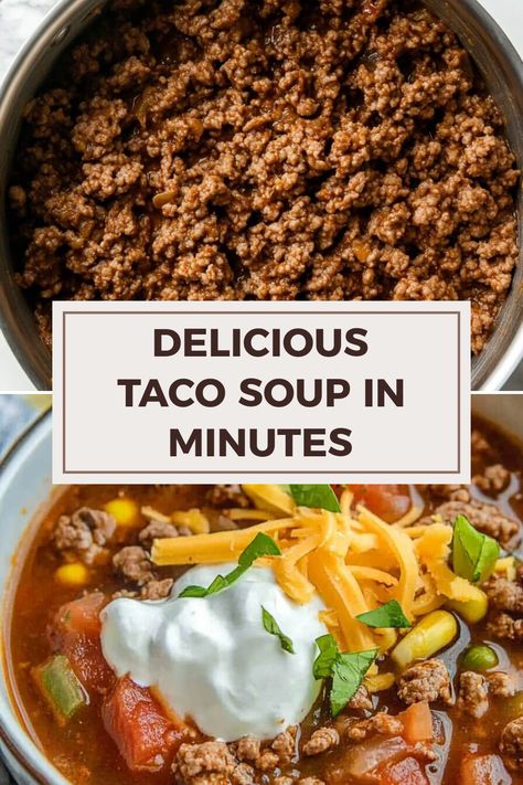 Explore this quick and easy taco soup that's packed with flavor. The pin showcases vibrant images of ingredients that create a comforting bowl of deliciousness. Taco Meat Soup, Quick And Easy Taco Soup, Leftover Taco Meat, Ground Beef Beans, Taco Soup Recipe Easy, Soup Recipe Easy, Meal With Friends, Easy Taco Soup, Taco Soup Recipe