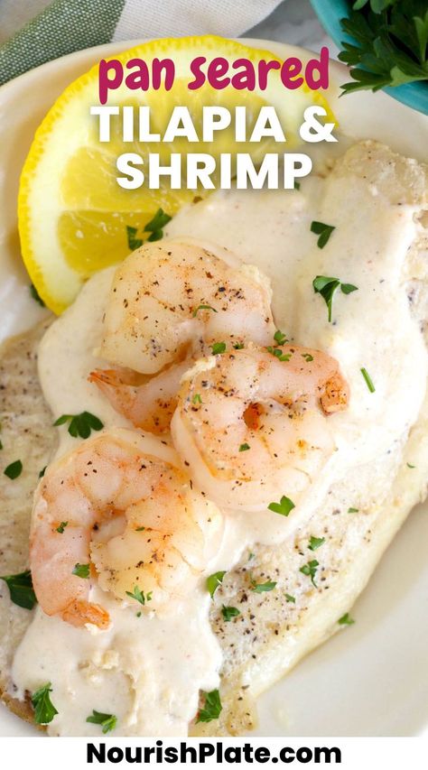 Pan Seared Tilapia and Shrimp with Lemon Cream Sauce Tilapia And Shrimp, Easy Tilapia, Shrimp With Lemon, Lemon Cream Sauce, Cream Sauce Recipe, Lemon Cream Sauces, Cream Sauce Recipes, Lemon Sauce, Gluten Free Cheese