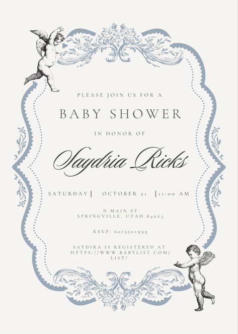 Elegant Baby Shower Invitations, Old Money Invitation Card, Cherub Baby Shower Theme, Old Money Baby Shower Theme, Classy Baby Shower Ideas, Elegant Baby Shower Ideas, Angel Invitation, Victorian Baby Shower, Wedding Illustration Card