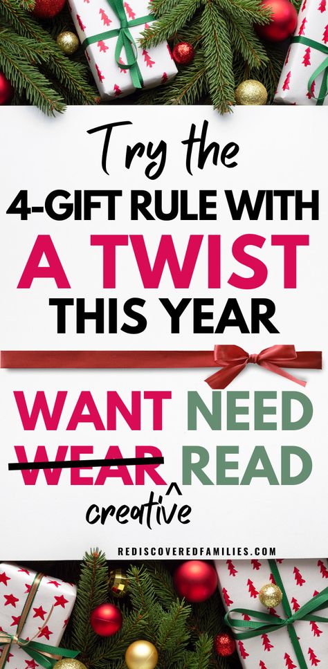 The 4-gift rule for Christmas can make the holidays a lot easier. Still, we weren’t quite happy with the original, so we changed it up a little. Your kids are going to like it so much better! Click through to find our KID APPROVED change. We’ve also got a cute 4 gift rule printable for your kids to fill out. Christmas Four Gift Rule, Christmas Gift Rule Of 4, 5 Presents Rule For Christmas, 7 Christmas Gift Rule, 5 Things For Christmas For Kids, 5 Gifts For Christmas Rule For Kids, Christmas Gift Categories For Kids, 5 Gift Rule For Christmas For Kids, 7 Gift Rule For Christmas