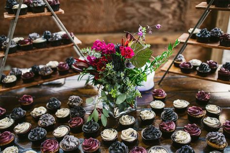 Moody Purple Wedding Cake, Dark Wedding Cupcakes, Moody Dessert Table, Moody Wedding Cupcakes, Moody Cupcakes, Moody Purple Wedding, Forest Wedding Favors, North Carolina Fall, Purple Black Wedding