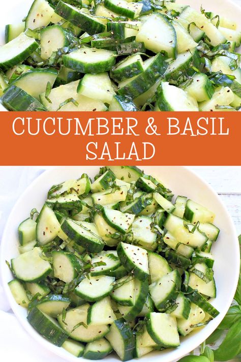 Cucumber and Basil Salad ~ Simple ingredients and minimal prep work make this easy and fresh side dish a summertime winner! via @thiswifecooks Basil Cucumber Salad, Cold Sides, Fresh Basil Recipes, Cucumber Basil, Salad Simple, Veggie Ideas, Salad Cucumber, Basil Salad, Med Diet