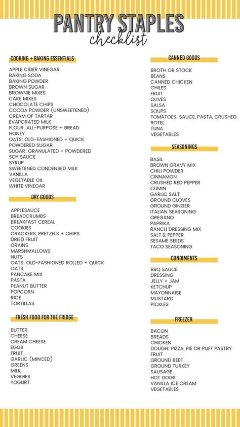 When planning to stay at home, stock up on resources for the home, such as food, cleaning materials, and household goods. For more information click the link on my bio. Pantry Checklist, Brown Gravy Mix, Pantry Essentials, Brown Gravy, Baking Essentials, Household Goods, Chips And Salsa, Canned Chicken, Brownie Mix