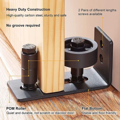 ✅ SUPERIOR FEATURES: Heavy duty - Quiet - Flush bottom - 8 Setup options - 2 Pairs of different lengths screws included - Countersunk holes - Fit door panel thickness up to 3 5/8" ✅ HEAVY DUTY CONSTRUCTION: The body is made of high-quality carbon steel, it's STRONG & RELIABLE! Anti-rust with a frosted black finished surface. This durable floor guide prevents the door from swinging during the movement and keeps it stable and safe. ✅ SMOOTH AND QUIET GLIDE: Engineered POM rollers will not scratch Fabrication Tools, Durable Flooring, Sliding Barn Door Hardware, A Frame House, Door Panel, Sliding Barn Door, Barn Door Hardware, Door Wall, Home Maintenance