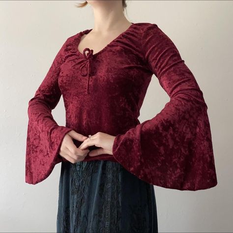 Y2k whimsigoth Self Esteem red crushed velvet bell... - Depop Velvet Bell Sleeve Top, Crushed Velvet, Self Esteem, Bell Sleeve, Bell Sleeve Top, Sleeve Top, Velvet, Red