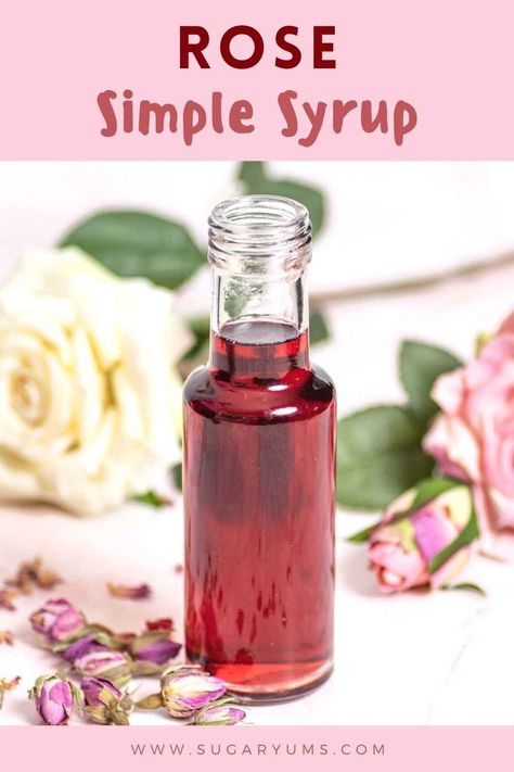 glass bottle filled with rose syrup, surrounded by roses Rose Simple Syrup, Rose Syrup Recipe, Simple Syrup Recipe, Edible Rose Petals, Rose Syrup, Rose Simple, Paleo Drinks, Moon Milk, Roses Only