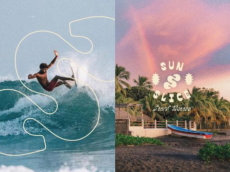 Sunslice Surf House branding, lettering, custom font and logos by Alex Beebe on Dribbble Surf Website Design, Surf Font, Travel Font, Surf Branding, Surf Design Graphic, Surfing Branding, Surf Brand Logo, Surf Logo Design Ideas, Surf School Logo