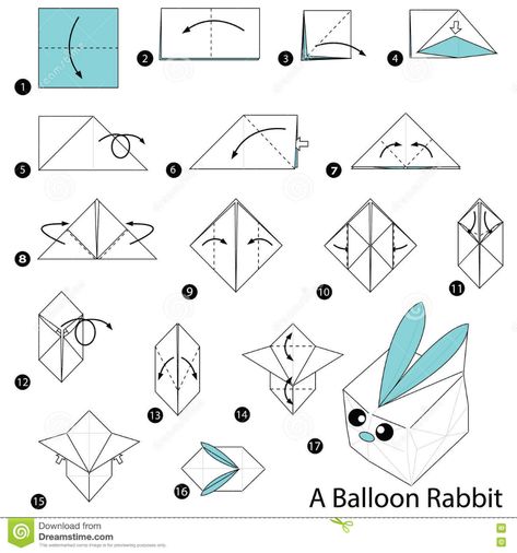 Step By Step Instructions How To Make Origami A Balloon Rabbit. Stock Vector - Illustration of triangle, graphic: 74574496 Origami Balloon, Bunny Origami, Paper Rabbit, Origami Tattoo, Origami Projects, Origami Star Box, Origami Diagrams, Origami For Beginners, Origami Dragon