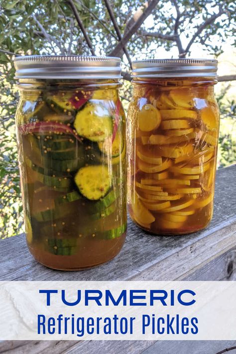 Mason jars filled with turmeric refrigerator pickles. Canning Yellow Squash, Turmeric Pickle Recipe, Spicy Refrigerator Pickles, Freezer Pickles, Pickled Carrots Recipe, Yellow Cucumber, Fresh Healthy Recipes, Refrigerator Pickle Recipes, Zucchini Pickles