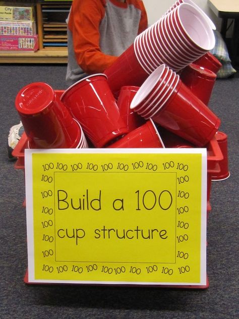 Super cute idea for the 100th day of school--building a 100 cup structure.  A great way to get kids' creativity flowing!! 100 Días De Clases, 100s Day, Library Center, 100 Day Celebration, School Activity, 100th Day Of School, E Mc2, Groundhog Day, Classroom Fun