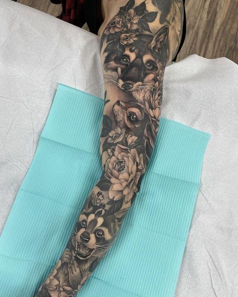 Nature Animal Sleeve Tattoo, Women’s Animal Sleeve Tattoo, Wild Life Sleeve Tattoo, Leg Sleeve Tattoo Animals, Animal Collage Tattoo Sleeve, Forest Animal Sleeve Tattoo, Floral Animal Sleeve Tattoo, Nature Arm Sleeve Tattoos For Women, Woodland Leg Sleeve Tattoo