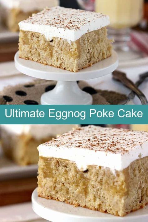 Easy Holiday Cakes, Eggnog Poke Cake, Leftover Eggnog, Eggnog Pudding, Xmas Sweets, Holiday Cake Recipes, Eggnog Dessert, Eggnog Cake, Poke Cake Recipes