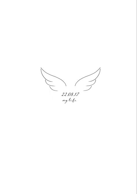 Name And Wings Tattoo, Tattoo Of Passed Loved One, Mini Tattoos For Lost Loved Ones, Angel Tatoos Minimalist, Angel Tattoo For Grandma, Tattoo Designs For Passed Loved Ones, Fine Line Tattoos For Lost Loved Ones, Losing Loved One Tattoo, Angel Wing Tattoo With Dates