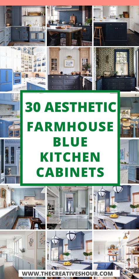 Transform your kitchen into a rustic haven with a choice of Farmhouse Navy Blue, Dark Blue, Light Blue, Blue & Green, Blue & White, or Pale Blue Kitchen Cabinets. Embrace the soothing blues of farmhouse design, whether you prefer the deep, moody tones or the airy, coastal-inspired hues. Elevate your kitchen's charm and style with these farmhouse-inspired cabinet choices. Kitchen Ideas Blue Walls, Farmhouse Kitchen With Navy Cabinets, Light Blue And Oak Kitchen, White Walls Blue Cabinets, Dark Blue Country Kitchen, Navy And Natural Wood Kitchen, Navy And White Farmhouse Kitchen, Farmhouse Blue Paint Colors Kitchen, Blue Kitchens With White Cabinets