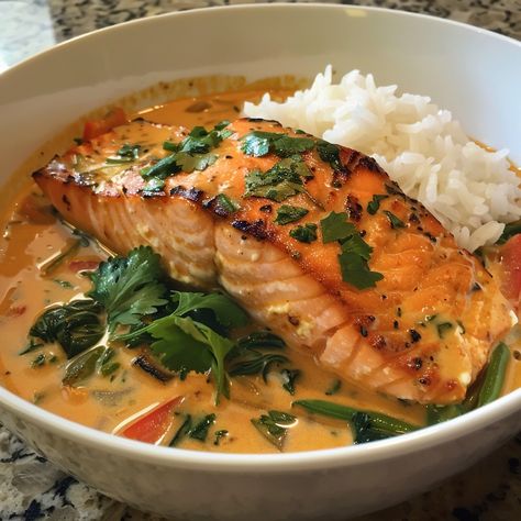 Salmon Coconut Soup, Minced Fish Recipes, Thai Coconut Salmon Curry, Fine Cuisine Recipes, Thai Salmon Recipes, Salmon Curry Recipes Coconut Milk, Coconut Curry Salmon, Coconut Salmon, Salmon Coconut