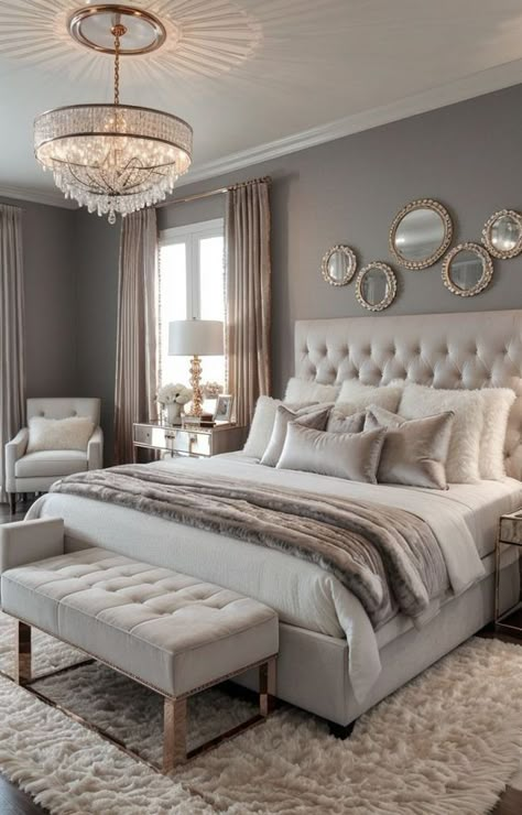 Grey And Gold Bedroom, Grey Bedroom Decor, Classy Bedroom, Modern Luxury Bedroom, Beige Bedroom, Bedroom Refresh, Decoration Inspiration, Master Bedrooms Decor, Room Inspiration Bedroom