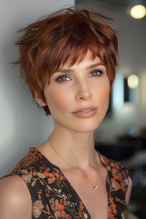 Auburn Pixie, Red Hair Pixie Cut, Red Pixie Haircut, Cute Pixie Haircuts, Short Haircuts With Bangs, Layered Pixie, Red Pixie, Pixie Haircut For Round Faces, Short Shag Haircuts