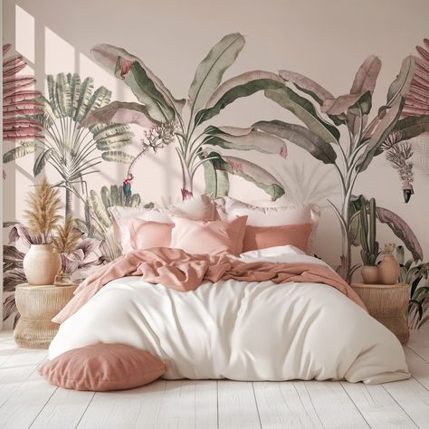 Escape to a tropical paradise with the Dominica Pink wallpaper. This exquisite design showcases a beautiful vintage illustration of lush tropical plants and tall palm trees, including majestic banana trees. The soft pastel background enhances the warm pink and green hues of the intricate foliage, creating a relaxing and elegant atmosphere. The fine details and etched style of the illustration capture the beauty of nature's lush landscapes, inviting a sense of tranquility and warmth into your space. This vintage wallpaper is perfect for those seeking to add a touch of exotic elegance and a hint of faraway destinations to their surroundings. Pink Palm Wallpaper, Tropical Room Ideas Bedroom, Pink Airbnb, Pink Jungle Wallpaper, Tropical Theme Bedroom, Tropical Room Ideas, Soft Pastel Background, Pastel Interior Design, Gray Solid Color