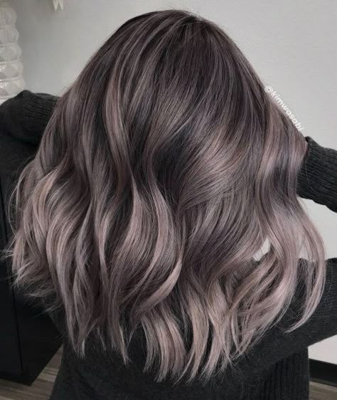 Smokey Ash Brown Hair With Highlights, Ash Toned Highlights, Light Ash Grey Hair, Frosty Brown Hair Color, Champagne Grey Brown Hair, Ash Gray Brown Hair, Ash Balayage On Brown Hair, Mushroom Gray Hair, Silver Brown Hair Balayage