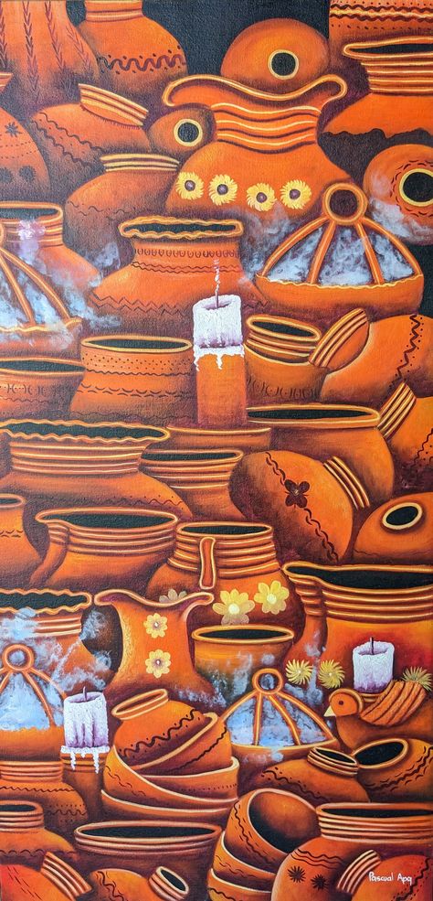 Original oil painting on canvas depicting a traditional Mayan pottery in Guatemala. Authentic Latin American (Indigenous) art. Guatemala Art, Mayan Pottery, Latin Art, South American Art, Mayan Culture, Latin American Art, Handmade Oil, Yellow Painting, Latin American