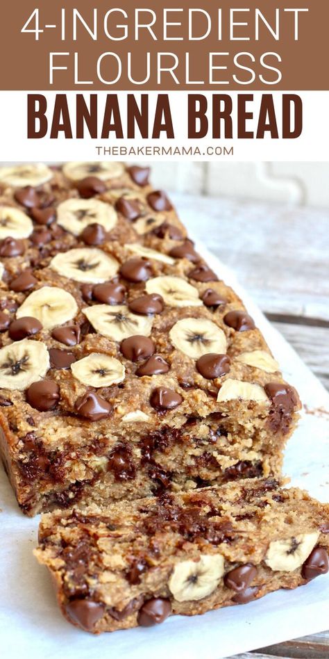 Easy Baking With Bananas, 4-ingredient Flourless Chocolate Chip Banana Bread, Low Ingredient Banana Recipes, Banana Oats Chocolate Chips, Banana Bread Recipe Paleo, Flourless Peanut Butter Banana Choc Chip Bars, Desserts Made With Oats, Keto Chocolate Chip Banana Bread, Banana Bread Made With Oats