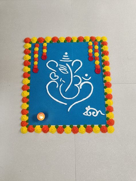 Ganesh Rangoli Design Simple, Ganpati Rangoli Designs Latest, Rangoli For Ganesh Chaturthi, Ganpati Rangoli Designs, Ganesh Chaturthi Rangoli, Ganpati Rangoli, Creative Rangoli Designs, White Rangoli, Ganesh Rangoli