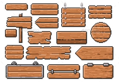 Pixel Art Wooden Signs Simple Pixel Art Character Design, Pixelated Game, Pixel Art Wood Texture, Pixel Art Sign, Pixel Game Assets, Pixel Banner, Pixel Art Banner, Pixel Tileset, Pixel Art Side Scroller