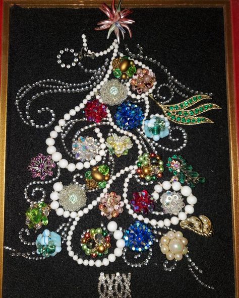 Old jewelry used to make decorative art. Art From Old Jewelry Diy Projects, How To Make Jewelry Art, Old Jewelry Crafts Ideas Christmas, Art With Old Jewelry, Old Jewelry Crafts Ideas Diy, What To Do With Old Jewelry, Displaying Memorabilia, Things To Make With Old Jewelry, Old Jewelry Repurposed