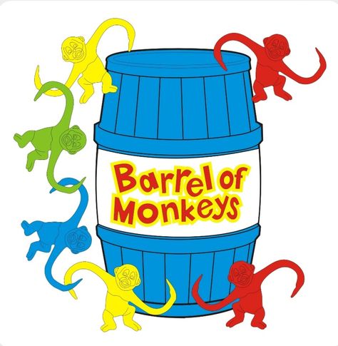 Barrel Of Monkeys Decorations, Vbs 2023 Twists And Turns Decorating Ideas, Monkeys In A Barrel, Monkey Template, Game Decorations, Board Game Themes, 2023 Decor, Monkey Decorations, Toy Story Halloween