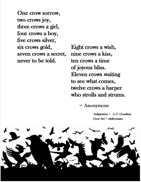 One Crow Sorrow, Two Crows Joy One Crow For Sorrow, One For Sorrow Two For Joy, Crow Poem, Crow Poetry, Crow Party, Deep Love Poems, Two Crows, Counting Rhymes, One For Sorrow