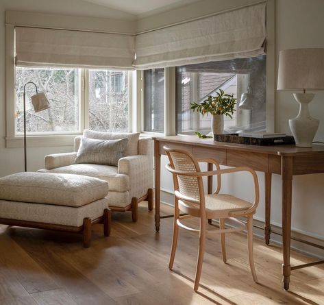 Brian Paquette Interiors, Beach House Office, Brian Paquette, Lawson Fenning, House Office, Primary Bedroom, Chair And Ottoman, Dining Bench, Wood Projects