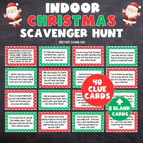 Christmas Scavenger Hunt for Kids, Indoor Printable Christmas Treasure Hunt for Kids, Tweens, Teens and Adults, Indoor Scavenger Hunt Clues - Etsy Scavenger Hunt Clues For Kids Around The House, Scavenger Hunt Christmas Gift, Around The House Scavenger Hunt Clues, Christmas Hunt Clues, Gift Hunt Clues Christmas, Present Hunt Clues, Christmas Gift Hunt Clues For Kids, Scavenger Hunt Christmas Clues, Adult Christmas Scavenger Hunt Clues