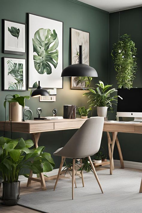 Office Plant Room Ideas, Office Ideas Green Wall, Creative Office Inspiration, One Color Office, Comfy Office Ideas, Home Office Ideas Sage Green, Functional Office Decor, 2024 Office Design, Scandinavian Home Office Design