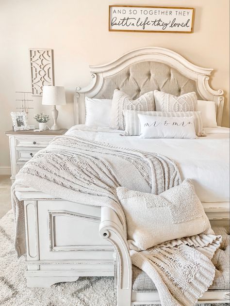 Realyn Bedroom, Farmhouse Master Bed Romantic, Raelyn Bedroom Set Decor Ideas, Shabby Chic Master Bed, French Country Farmhouse Bedroom Target, Classy Farmhouse Bedroom, Realyn Bedroom Set Decor, White Farmhouse Bedroom Furniture Romantic, Farmhouse Bedroom Ideas Master Suite