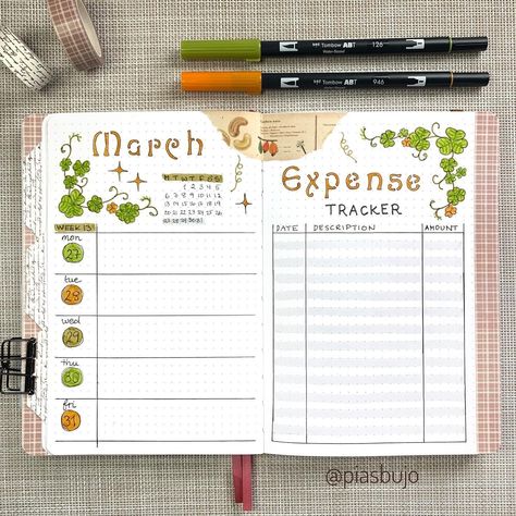 𝓟𝓲𝓪 📚 𝖡𝗎𝗅𝗅𝖾𝗍 𝖩𝗈𝗎𝗋𝗇𝖺𝗅 | Hi friends 🤗 Here’s my last weekly with only five days. This gave me space to create an expense tracker. I will use it for my travel… | Instagram Weekly Tracker Bullet Journal, Spending Bullet Journal, Expense Tracker Bullet Journal, Bujo Mars, Bullet Journal Spending Tracker, Bullet Journal Expenses, Journal 2025, Business Tracker, March Bullet Journal