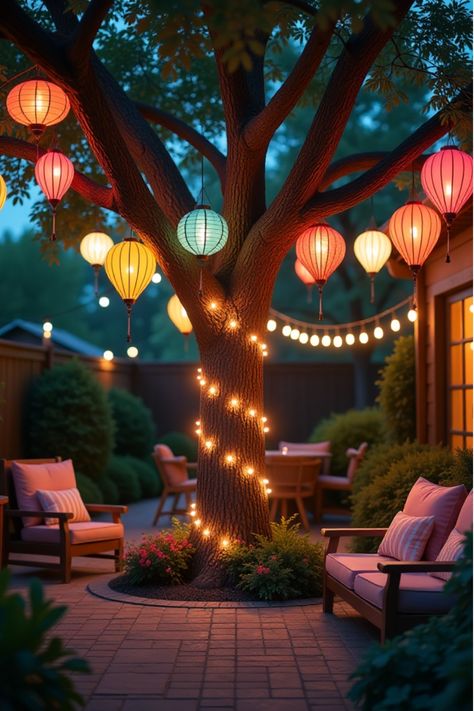 Magical patio with colorful lanterns in trees and fairy lights on central trunk Treehouse Lighting Ideas, Backyard Tree Lighting Ideas, Hanging Lights In Trees, Twinkle Lights Backyard, Backyard Patio Lighting, Lanterns Hanging From Trees, Lights In Trees, Hanging Tree Lights, Patio Lighting Ideas