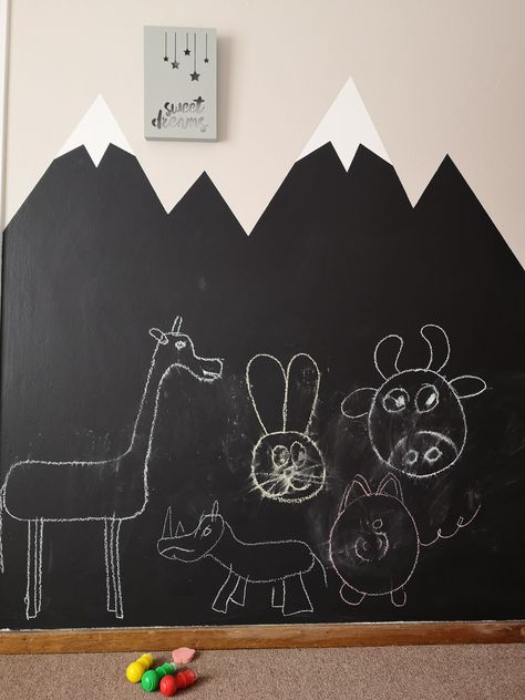 Easy DIY Chalkboard paint idea. Used Fired Earth bubble gum scented paint Toy Room Wall Paint Ideas, Chalk Paint Wall Kids Room, Chalkboard Wall Kids Room, Chalk Board Walls Kids, Chalk Wall Ideas For Kids, Chalkboard Kids Room, Chalkboard Paint Ideas, Kids Chalkboard Wall Ideas, Chalkboard Wall Ideas