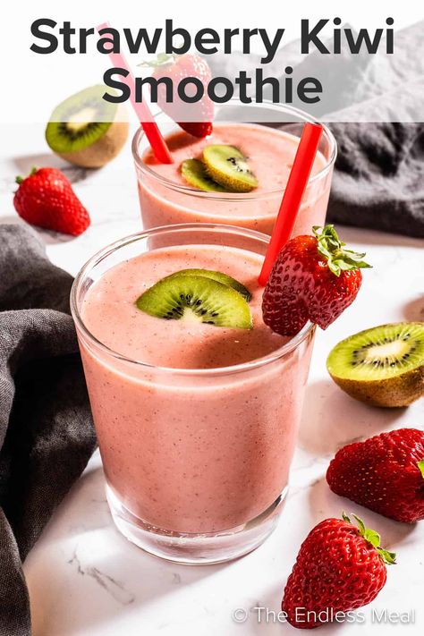 Strawberry Kiwi Smoothie - The Endless Meal® Strawberry Kiwi Smoothie Recipe, Kiwi Smoothie Recipes, Kiwi Banana Smoothie, Healthy Morning Drinks, Kid Friendly Smoothies, Strawberry Kiwi Smoothie, Green Breakfast Smoothie, Almond Butter Smoothie, Nutritious Smoothie Recipes