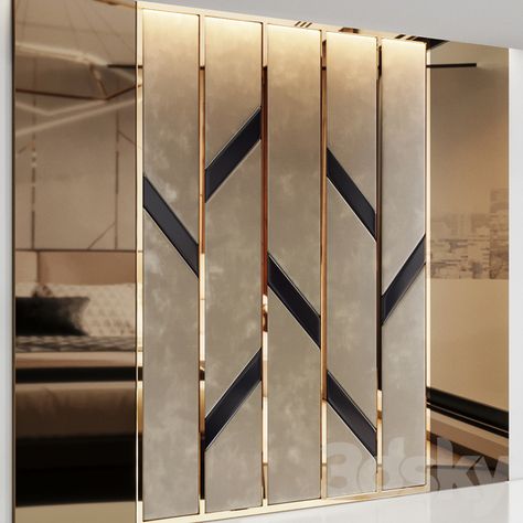 3d models: Other decorative objects - Headboard made of bronze mirror and soft beige panels Interior Mirror Design, Bronze Mirror Wall Panel, Mirror Panel Wall Living Rooms, Brown Mirror Wall Interior Design, Back Bed Wall Design, Bronze Mirror Panelling, Wall Panel Mirror, Wall Glass Design, Panels On Walls